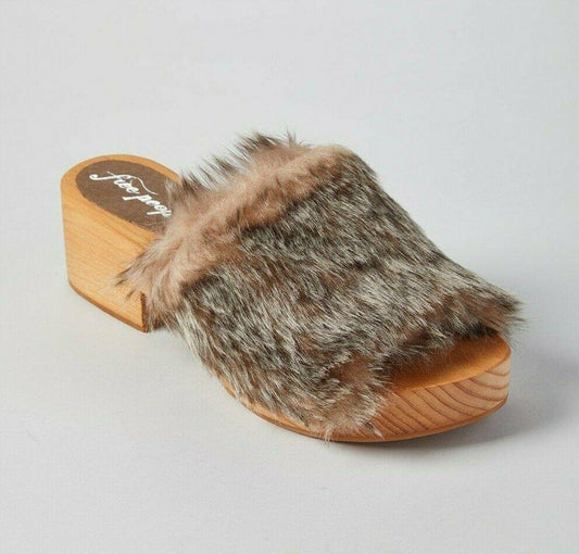 Free People Faux Fur Sonnet Clogs Wooden Slide Sandals Gray Combo EU 36 US 6 - SVNYFancy