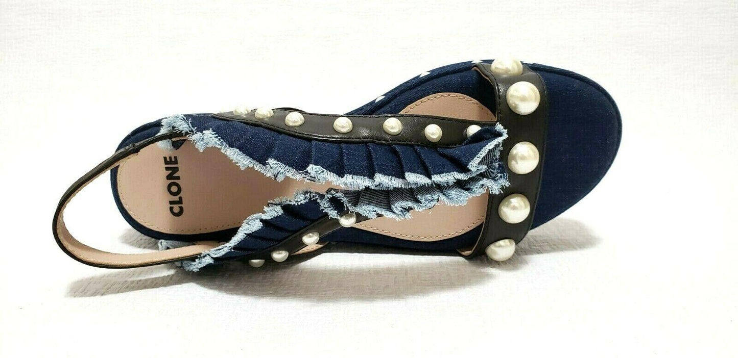 Clone Women's Diamond Denim Ruffle Sandal Dark Blue Nappa Leather Denim Sandals Size EU 38 - SVNYFancy
