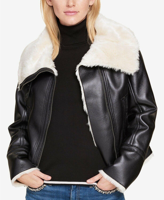 Tommy Hilfiger Women's Faux-Fur-Trim Moto Jacket Size Large L - SVNYFancy