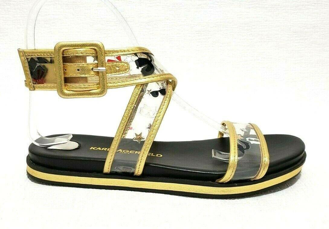 NEW RARE UNIQUE KARL LAGERFELD Leather and PVC print Gold Flats Sandals Size 6 - SVNYFancy