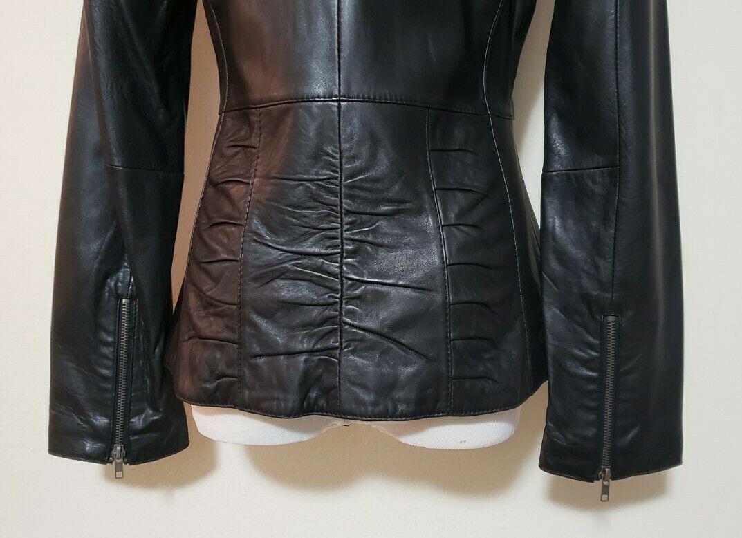 Charles Klein Womens Lamb Leather Classic Black Gathered Detail Jacket Size S - SVNYFancy
