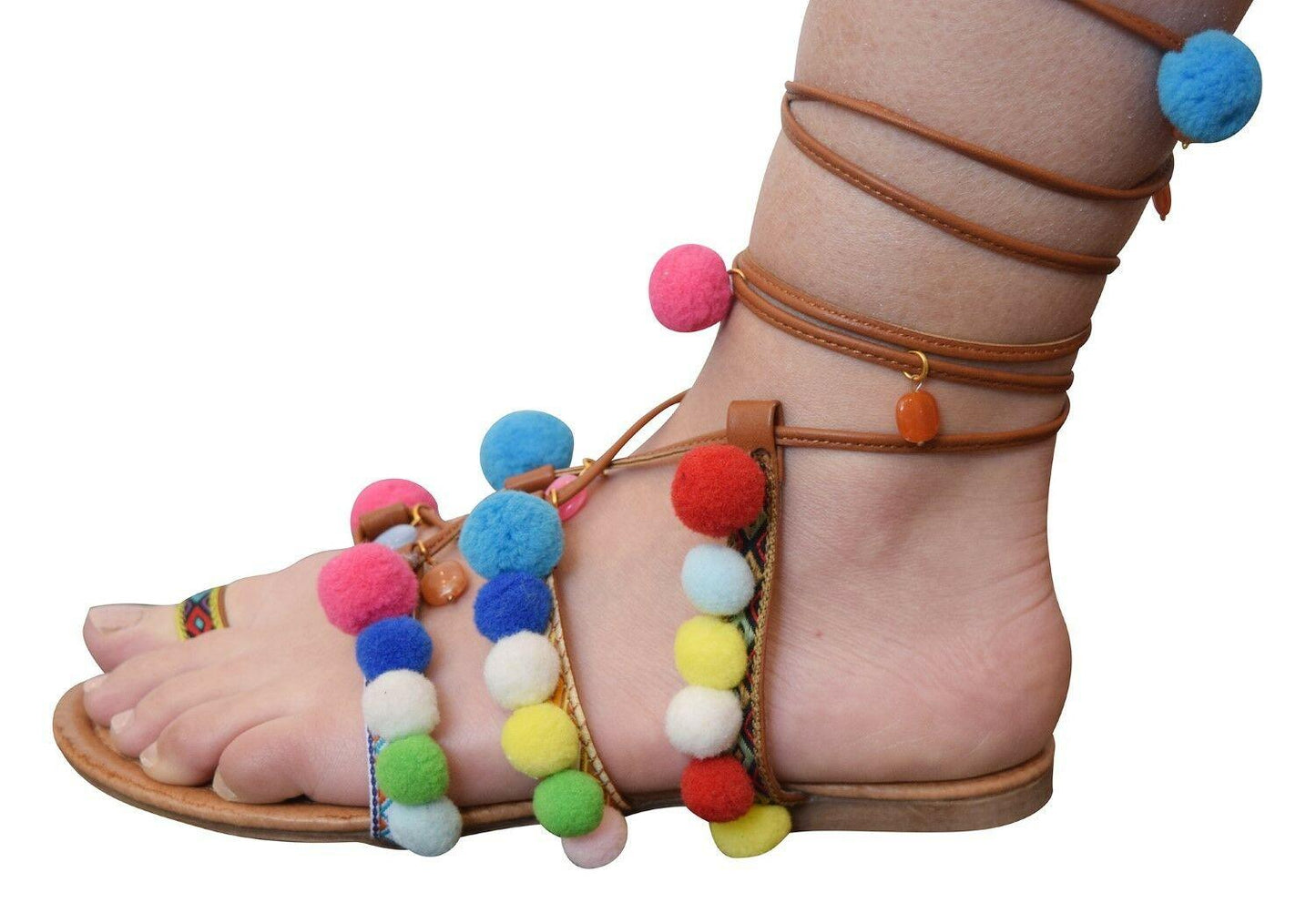 Modern Rush Womens Lace-Up Wrap Around Pom Pom Toe Ring Fashion Flat Sandals 7.5 - SVNYFancy