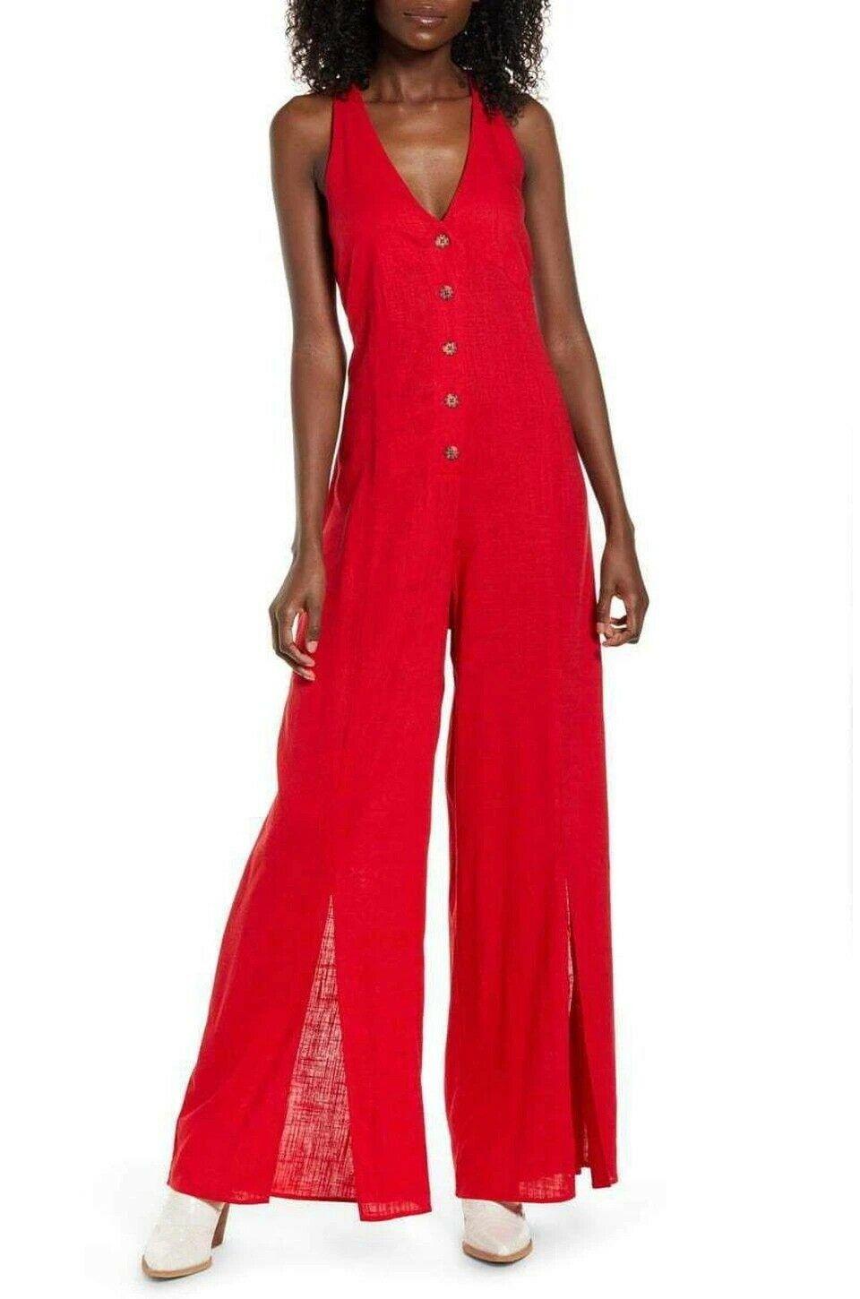 Band of Gypsies Manila Linen Blend Jumpsuit With Split Leg In Red Size M - SVNYFancy
