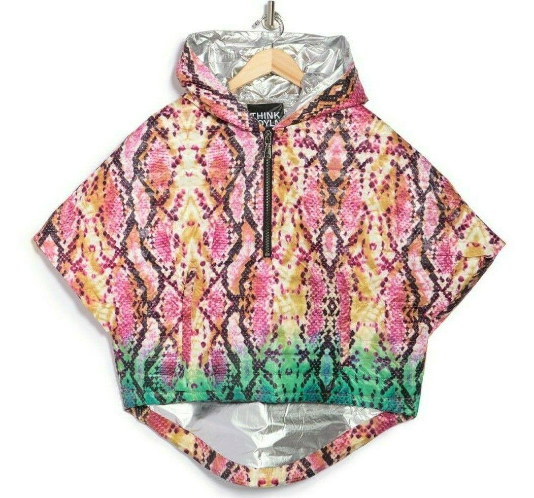 THINK ROYLN Women's Quilted Python-Print Puffer Poncho Ski Jacket Size XS/S - SVNYFancy