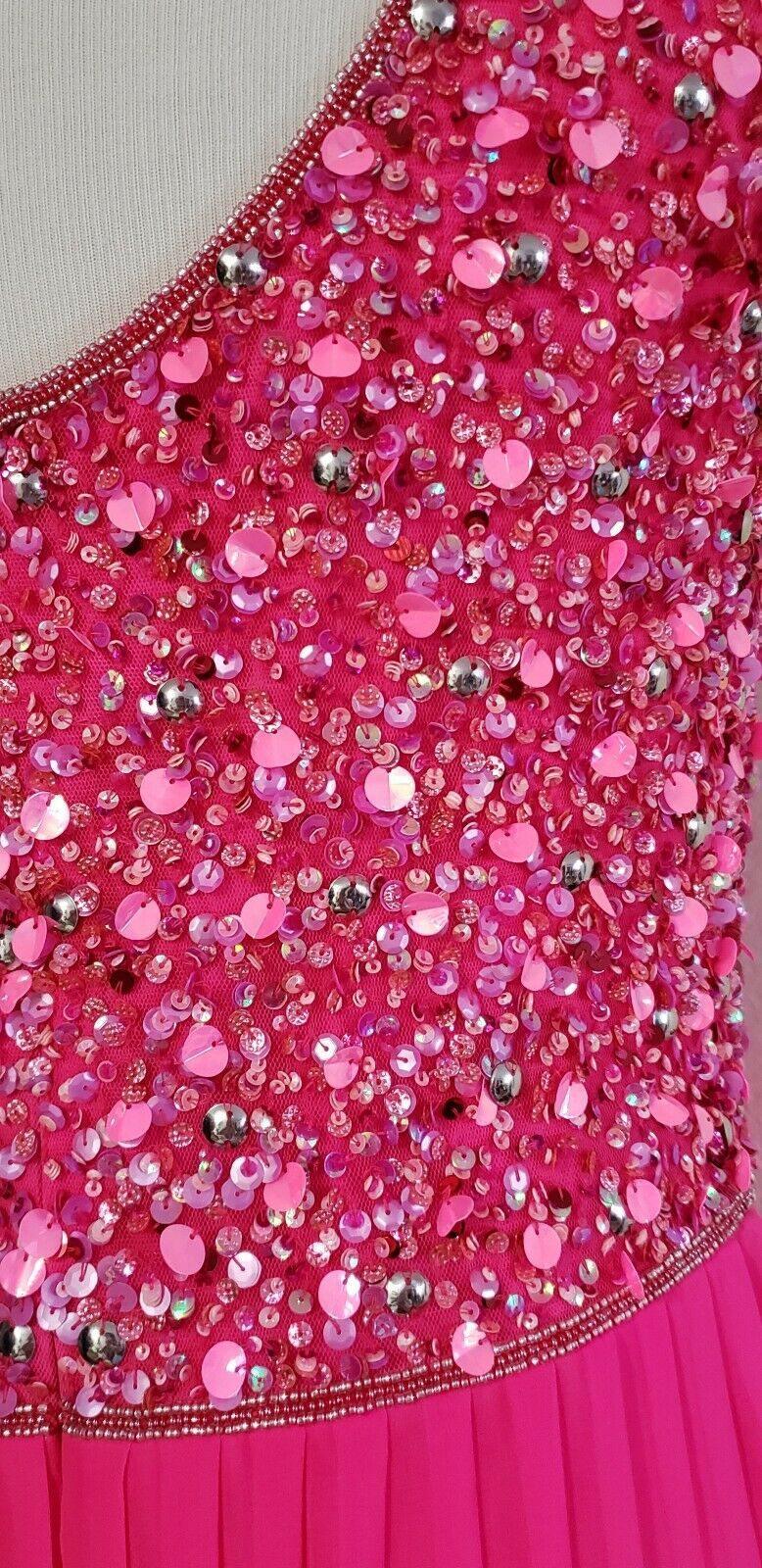 Pisarro Nights Embellished Mesh Beaded Long Maxi Plisse Sleeveless Pink Dress Size 8 - SVNYFancy