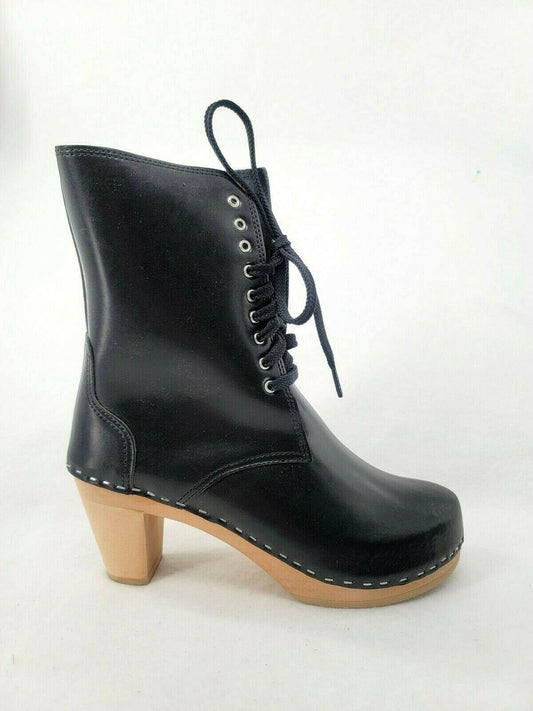 MAGUBA Sidney Clog Lace Up Leather Boots Womens Made in Sweden Black Size 40 - SVNYFancy