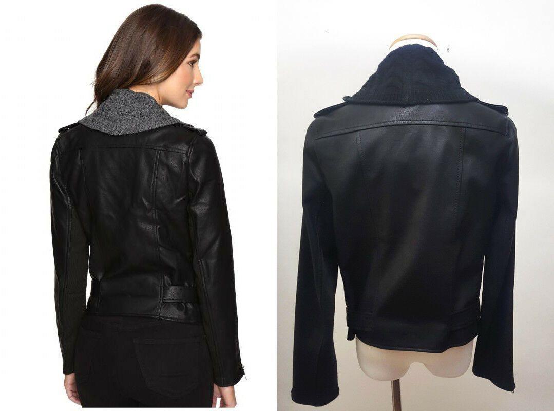 FATE Women's Black Vegan Leather Jacket with Black Knit Collar Size Large L - SVNYFancy