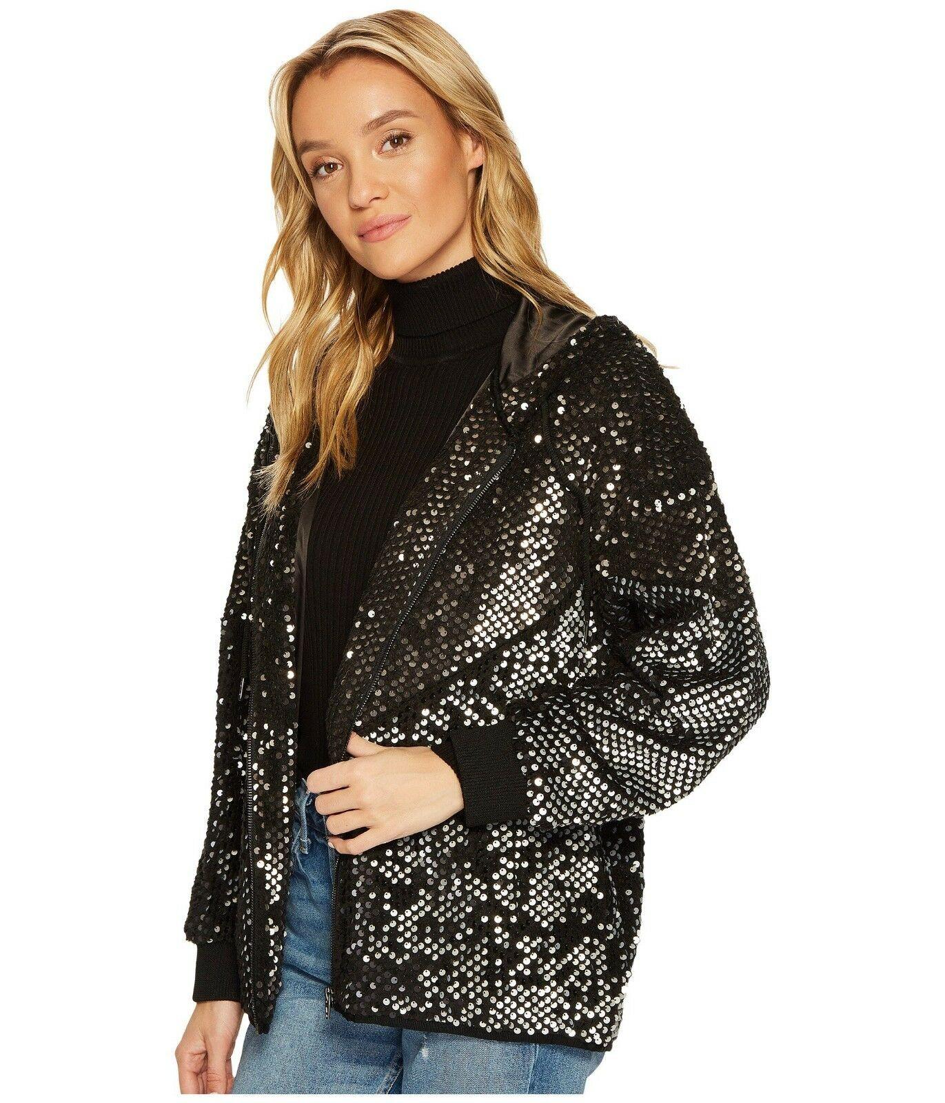 BLANKNYC Womens Silver Studded Sequined Bomber Jacket in Black Light Size L - SVNYFancy