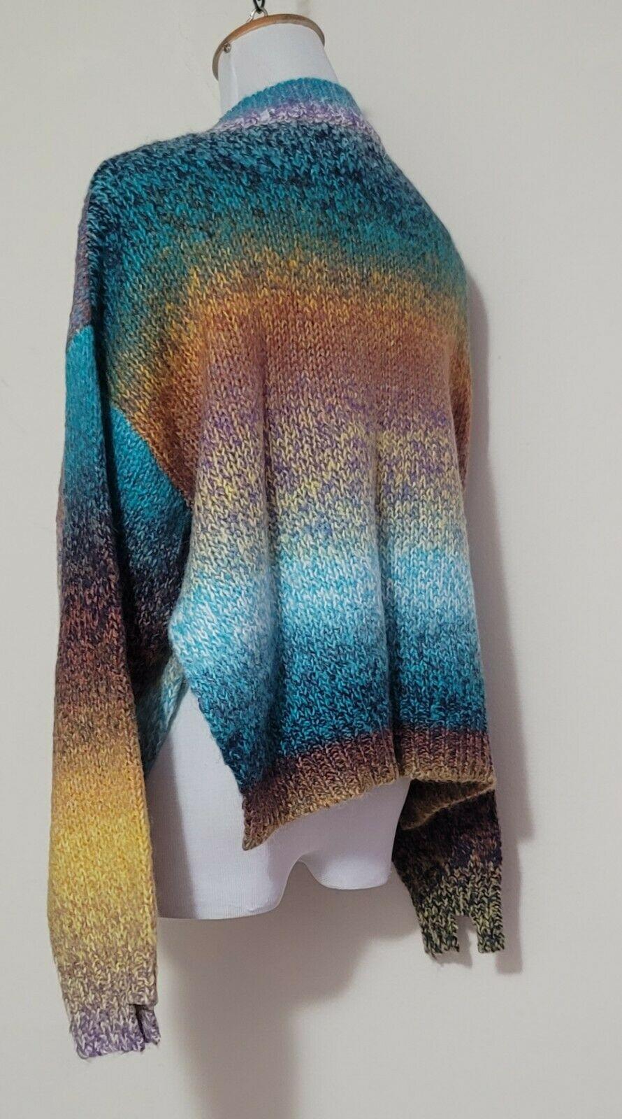 Amoli Knitted Multi Color Blue Yellow Distressed V Neck Sweater Size S/M - SVNYFancy