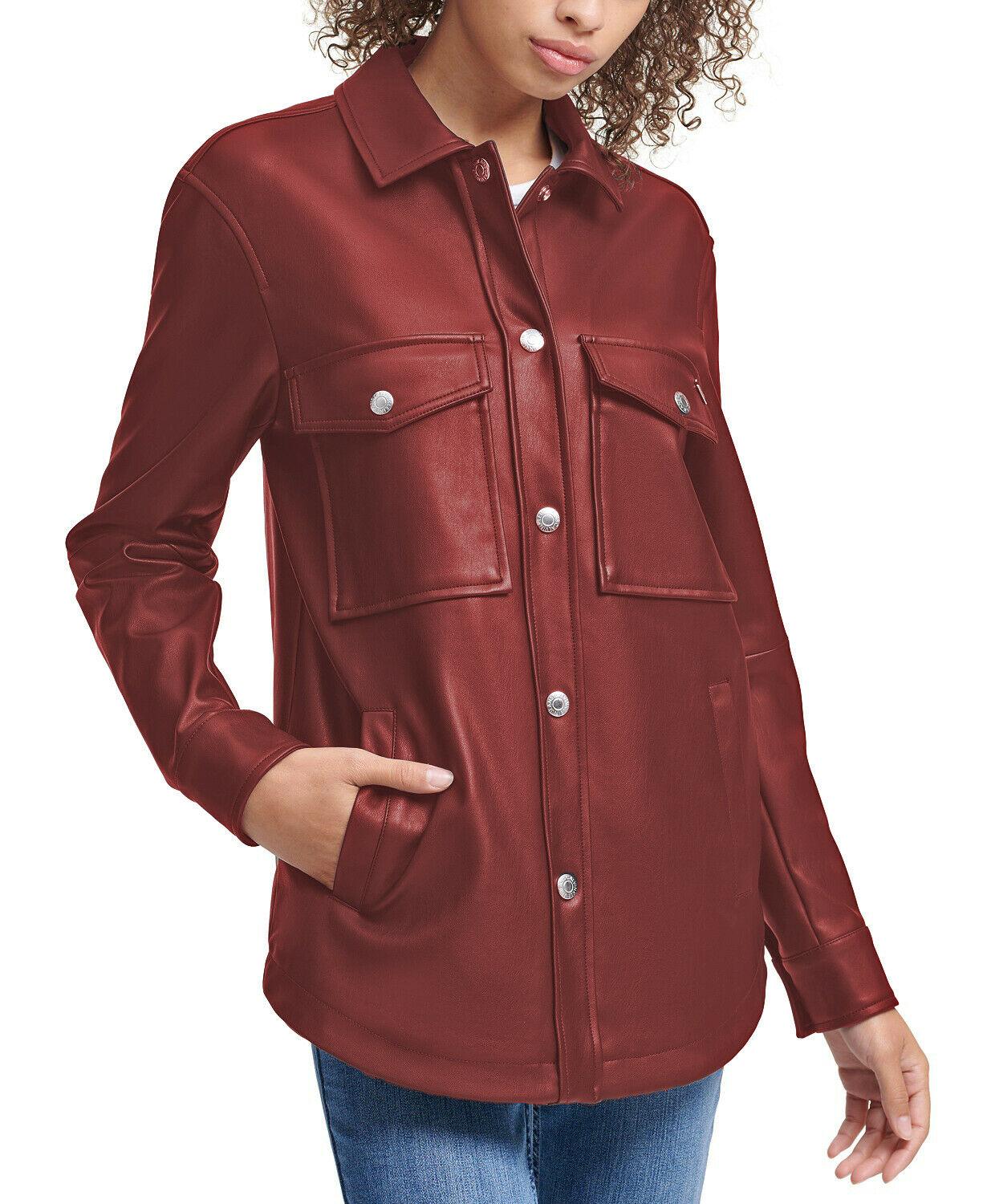 CALVIN KLEIN JEANS Women's Faux-Leather Button-Front Shirt Jacket Wine S - SVNYFancy