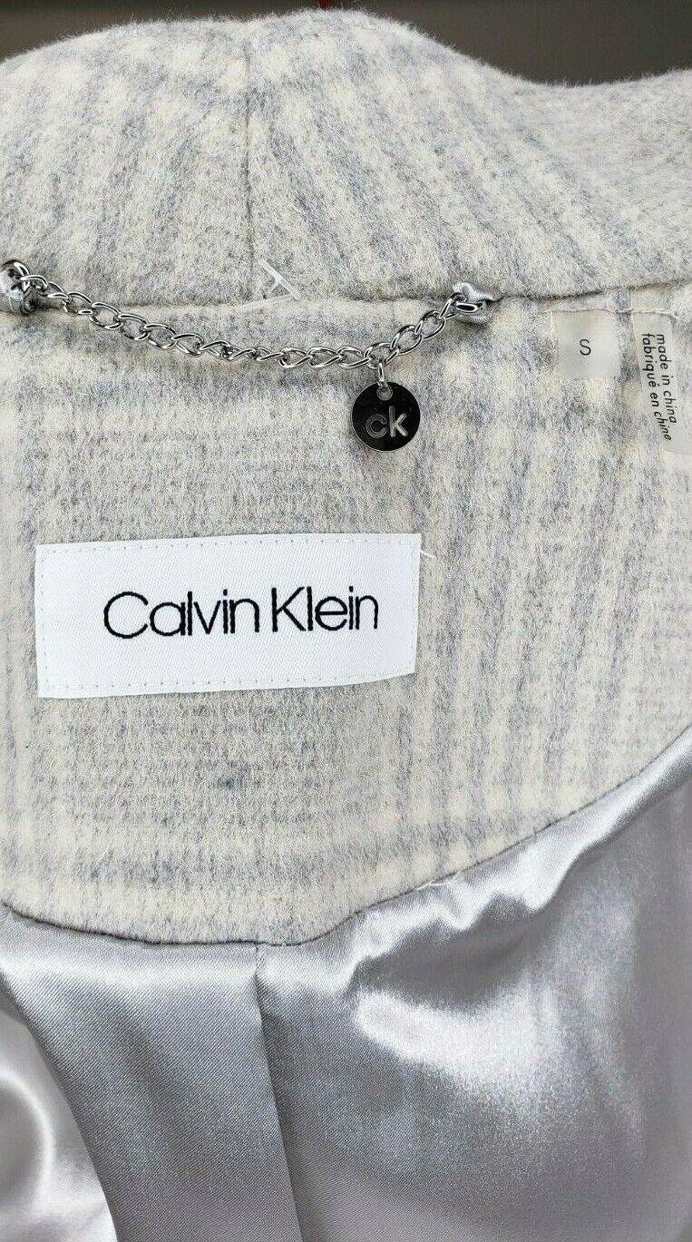 Calvin Klein Women's Plaid Wool Blend Belted Grey Wrap Coat Size S - SVNYFancy