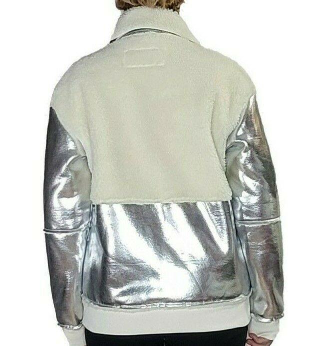 Calvin Klein Jeans Faux Leather Shearling Metallic Silver White Jacket Size US S - SVNYFancy