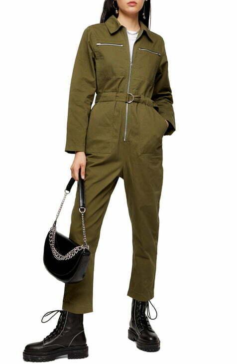 TOPSHOP Mabel Utility Cropped Jumpsuit Green Olive 100% Cotton Womens Size US 6 - SVNYFancy
