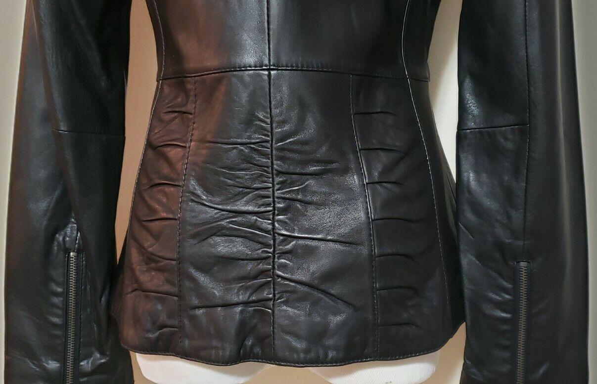 Charles Klein Womens Lamb Leather Classic Black Gathered Detail Jacket Size S - SVNYFancy