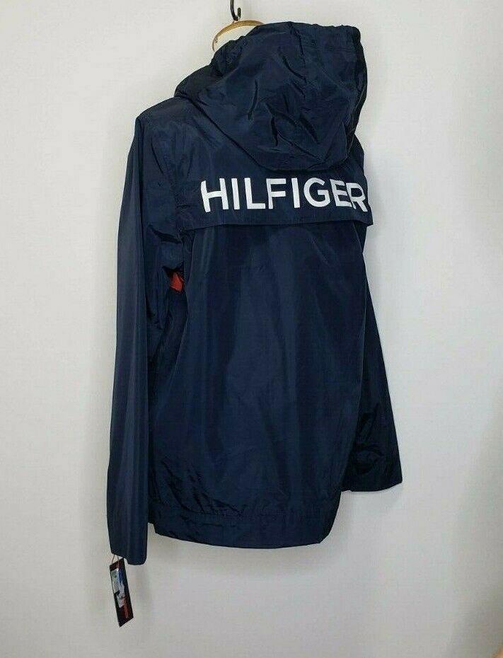 TOMMY HILFIGER Navy Sport Hooded Full Zip Windbreaker Jacket With Logo Size L - SVNYFancy