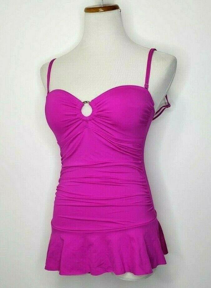 Calvin Klein Women's Bar Bandeau Swim Dress Pink Purple One-Piece Swimsuit Size 6 - SVNYFancy