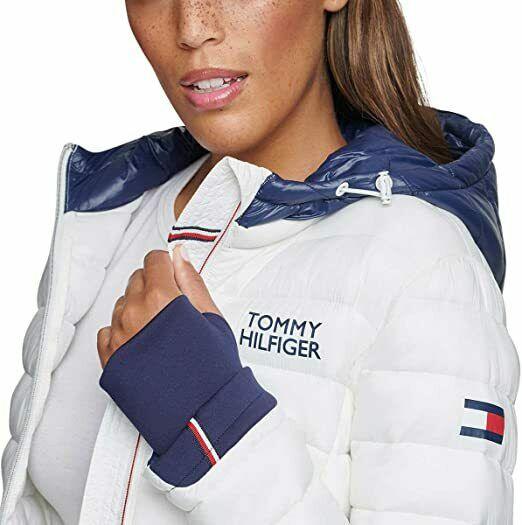 Tommy Hilfiger Womens Packable Hooded Puffer Jacket White Navy Size M - SVNYFancy