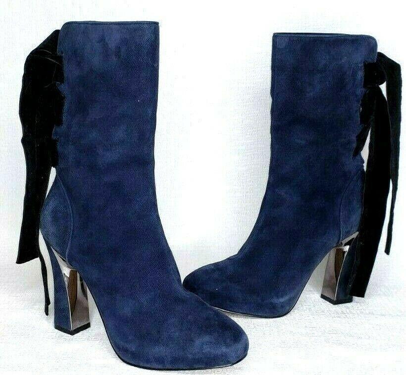 KARL LAGERFELD Navy Micro Suede Ankle Boots Lace Up Back SAMPLE Size US 6 - SVNYFancy