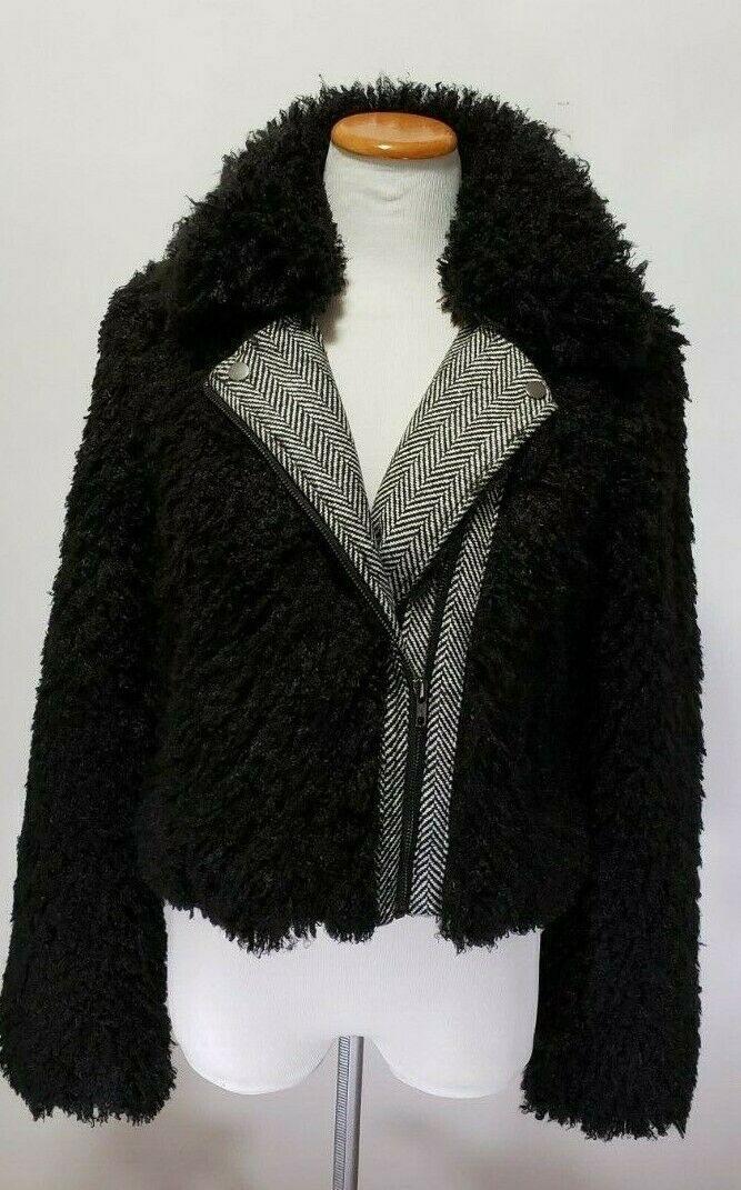 Bar III Fuzzy Black Cropped Asymmetric Zip Jacket Size S - SVNYFancy