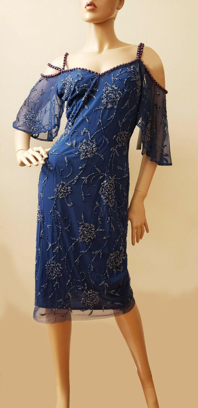 Pisarro Nights Blue Beaded Mesh Sheath Gown Evening Formal Dress  Size 2 - SVNYFancy
