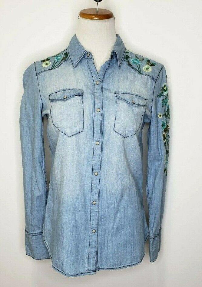 Tribal Women's Long Sleeve Embroidery Denim Shirt Size XS - SVNYFancy