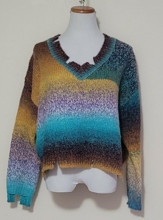 Amoli Knitted Multi Color Blue Yellow Distressed V Neck Sweater Size S/M - SVNYFancy