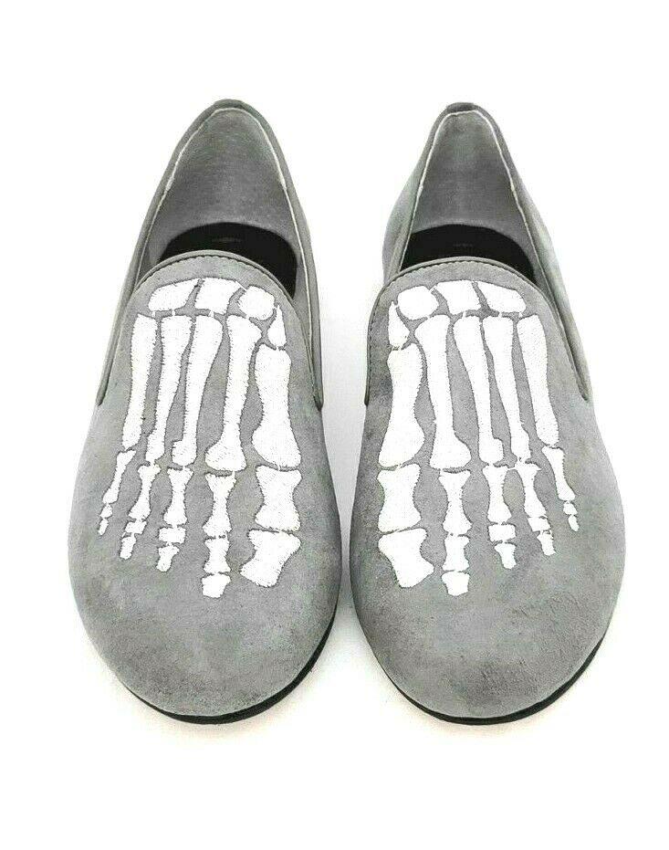 MARA & MINE Jem Skull Gray Embroidered Skeleton Dress Slippers Loafers US 6.5 - SVNYFancy