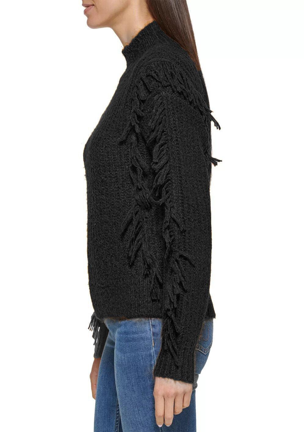 Calvin Klein Women's Knitted Fringe Mock Neck Sweater Black Size S - SVNYFancy