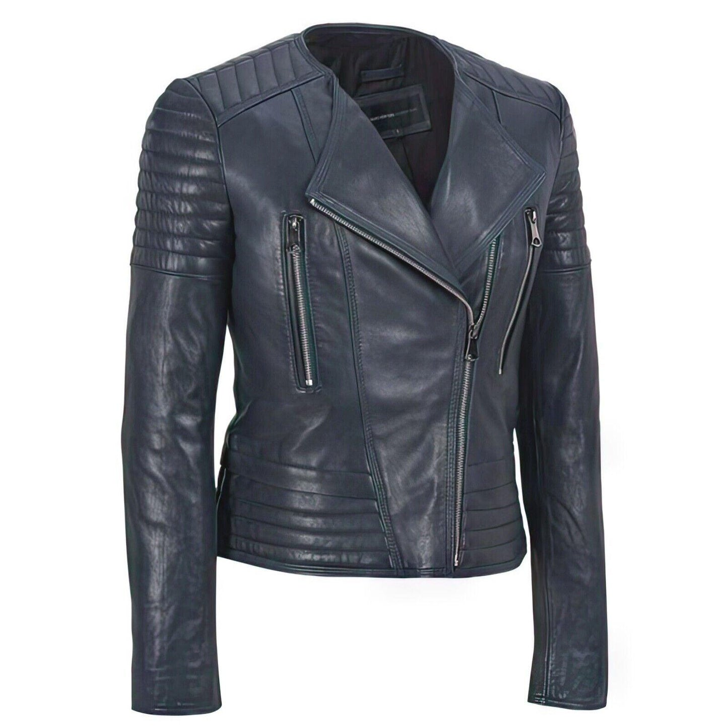 Andrew Marc Women's Navy Leather Biker Moto Jacket Size M - SVNYFancy