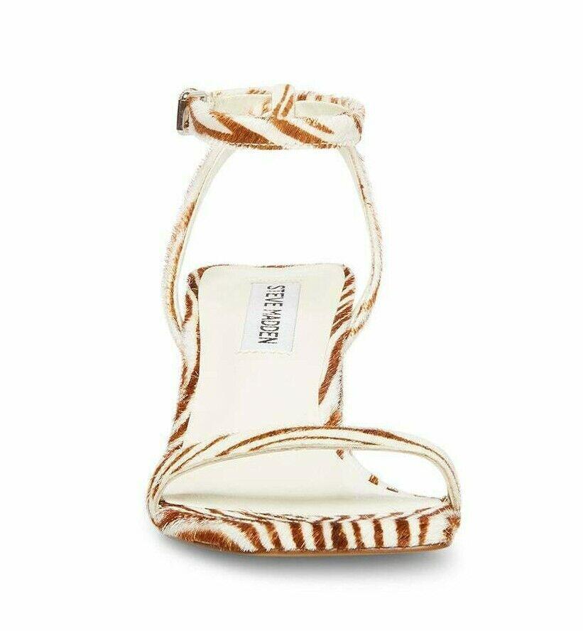 Steve Madden Womens Shayla Tan/White Pony Ankle Strap Heels Sandals Size 5.5 - SVNYFancy