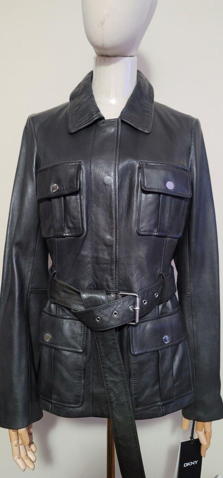 DKNY Womens Military Style Black Belted Leather  Jacket Size S - SVNYFancy
