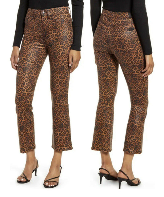 7 For All Mankind Coated Leopard Print Slim Fit Kick Flare Jeans Size 28 - SVNYFancy