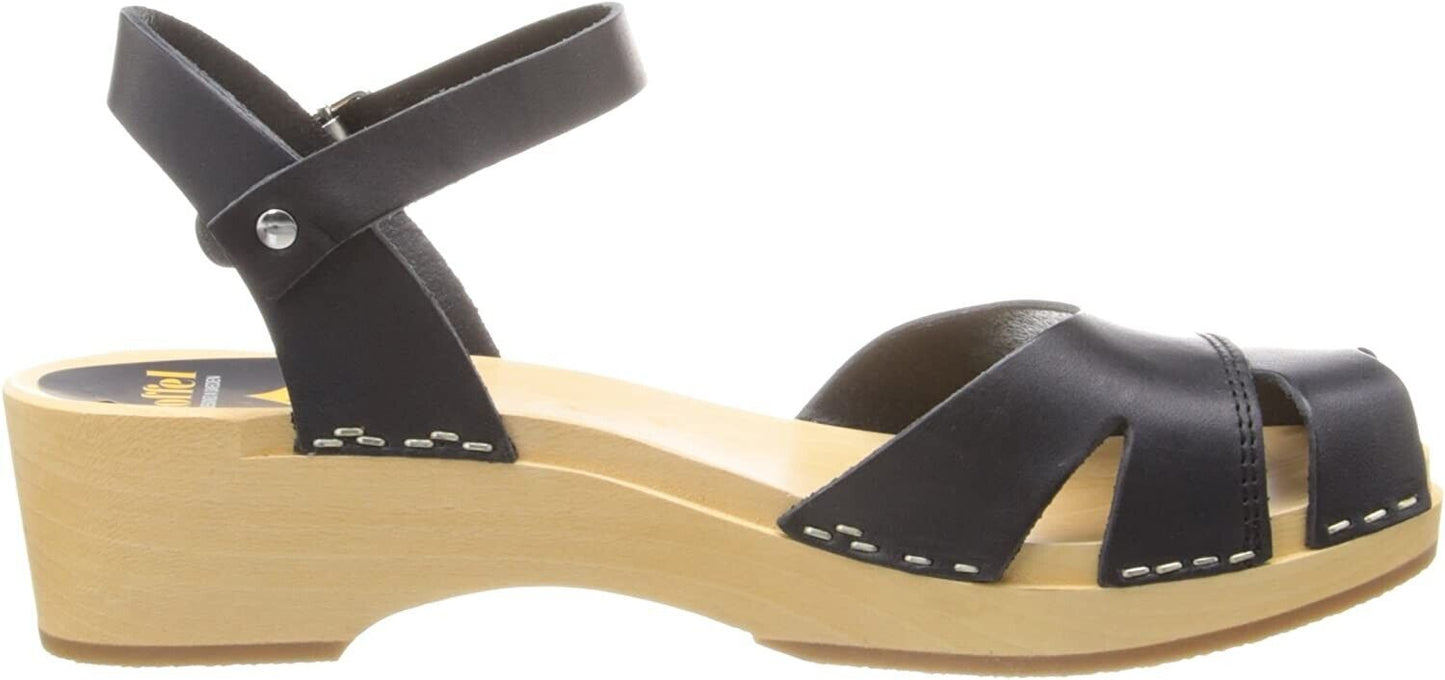 Swedish Hasbeens Suzanne Debutant Ankle Strap Leather Wood Sandals EUR 35