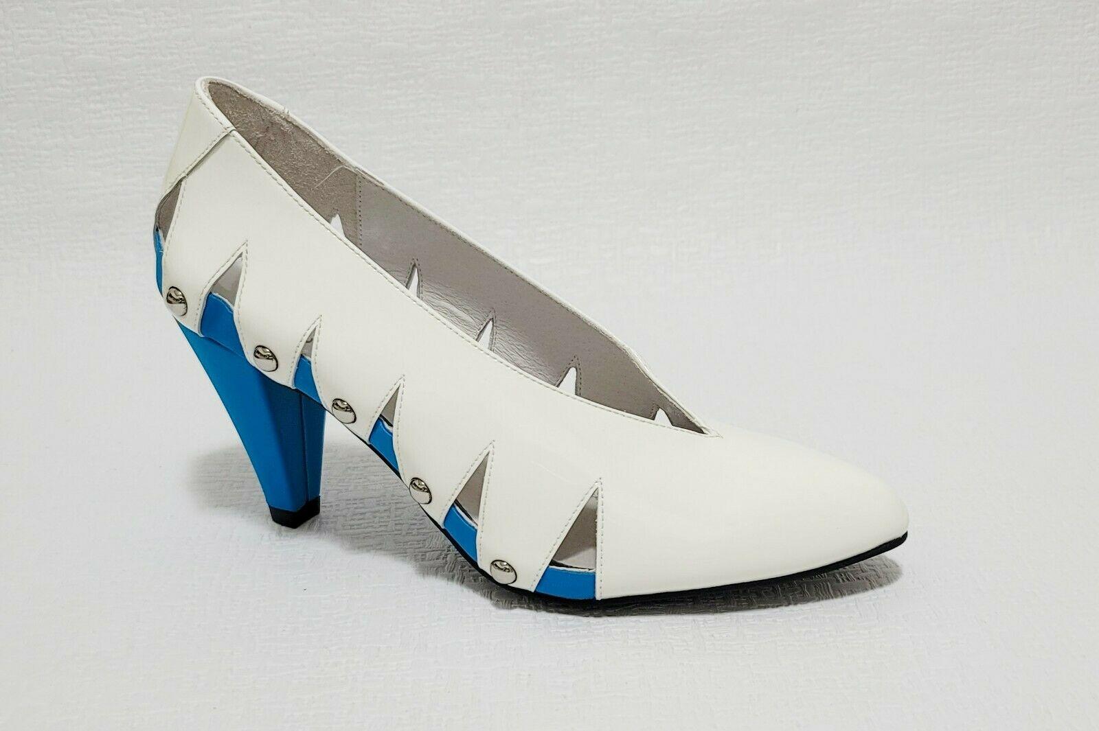 Jeffrey Campbell White Blue Heel Leather With Cut Out Pumps Size 6 - SVNYFancy