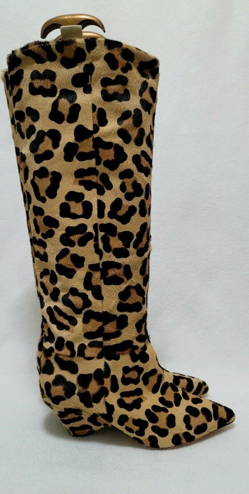 Bruno Ricci Cone Heel Calf Hair Slouch Leopard Print Boots Women's Size EU 37 - SVNYFancy