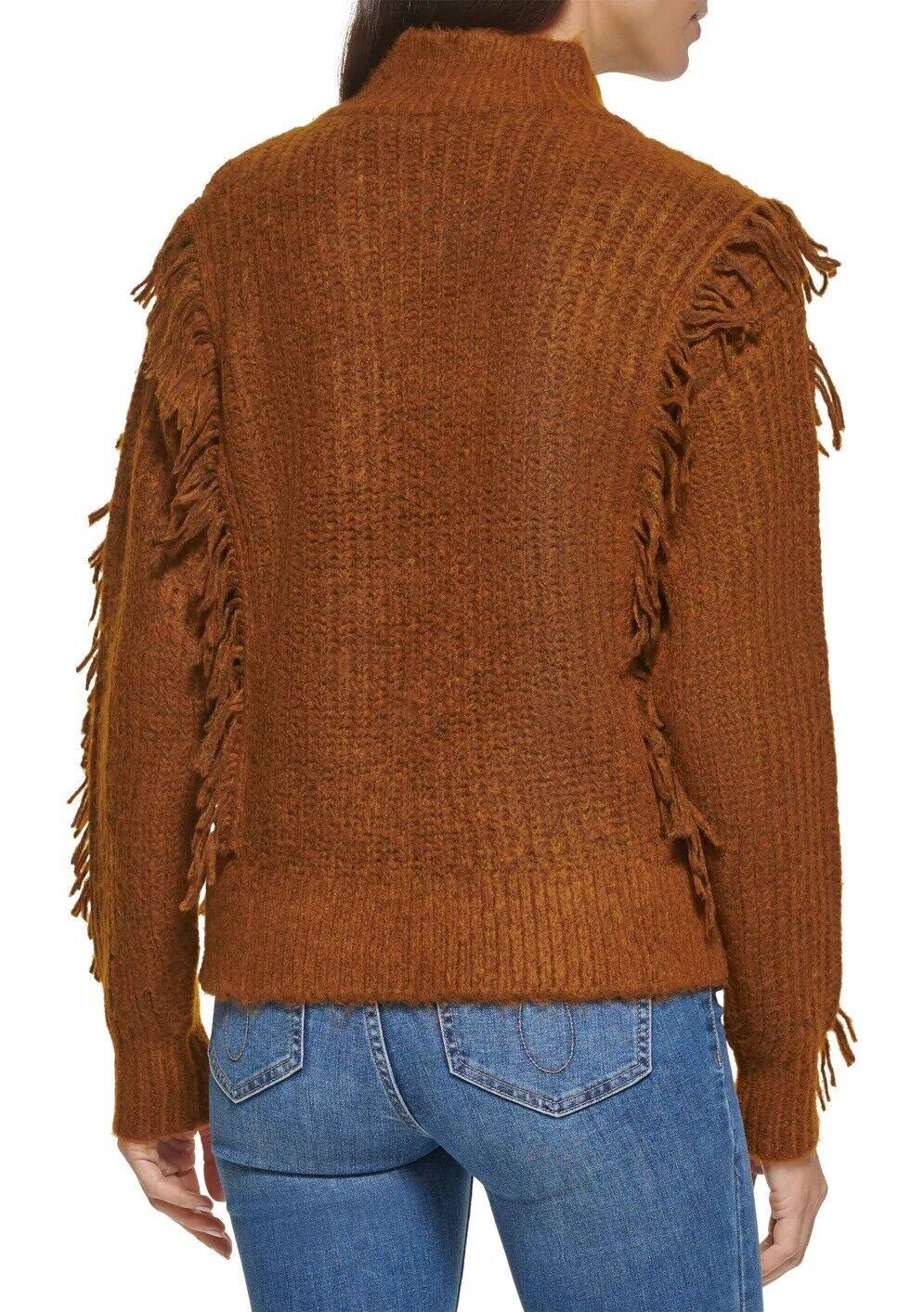 Calvin Klein Women's Knitted Fringe Mock Neck Sweater Brown Size XL - SVNYFancy