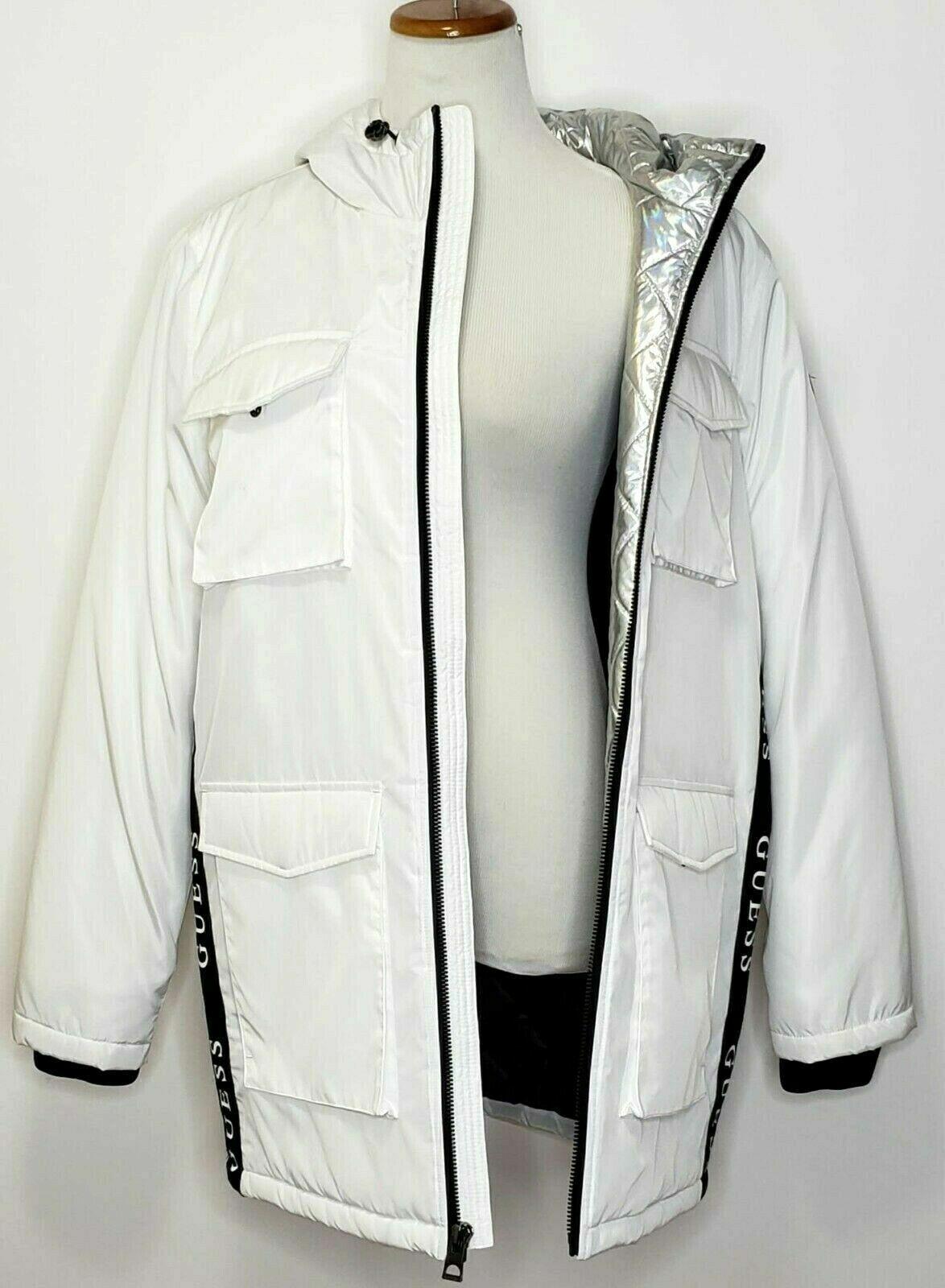 Guess Women's Hooded Winter Oversize Puffer White Coat with Accordion Pockets M - SVNYFancy