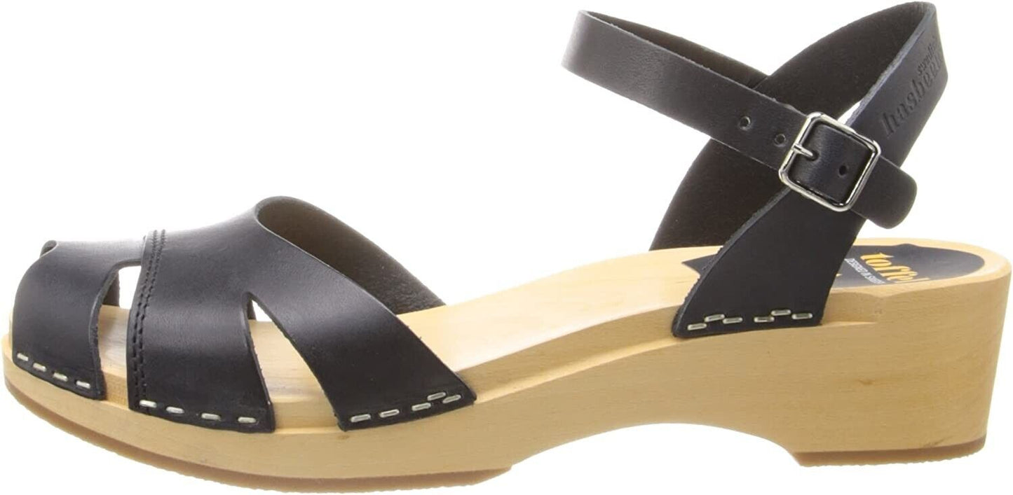 Swedish Hasbeens Suzanne Debutant Ankle Strap Leather Wood Sandals EUR 35