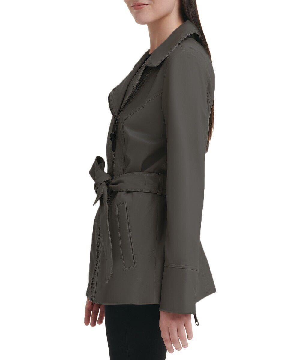 Dkny Womens Asymmetrical Belted Leather Jacket Grey Size S - SVNYFancy