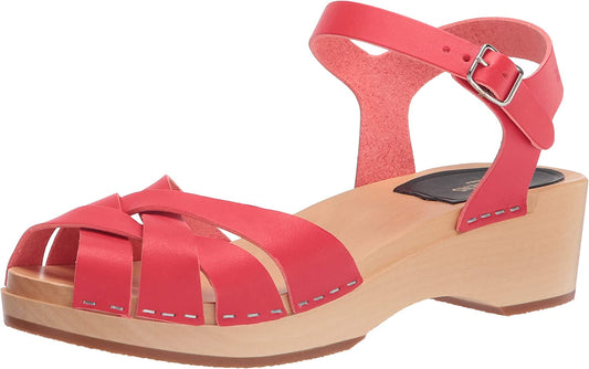 Swedish Hasbeens Womens Magdalena Red Ankle Strap Leather Wood Sandals EUR 36